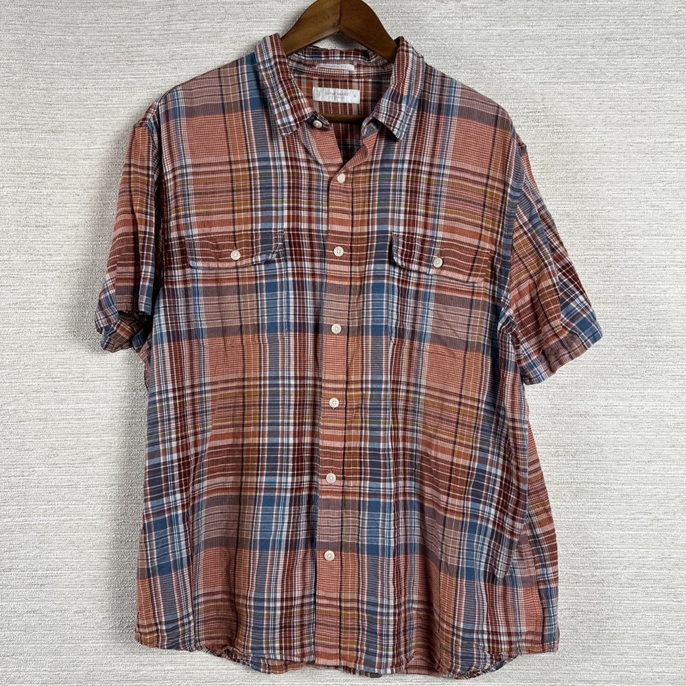 Lucky Brand Plaid Button Up Shirt Men XL Classic Fit Linen Cotton Western Casual